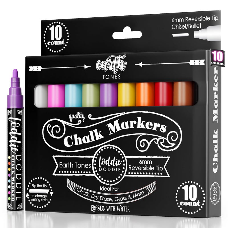 Loddie Doddie Chalk Markers for Blackboard & Windows - 10 Count Earth Tones 6mm Chisel & Bullet Tip - Smudge-Proof Erasable Liquid Chalk Pens with Reversible Tips - Image 1